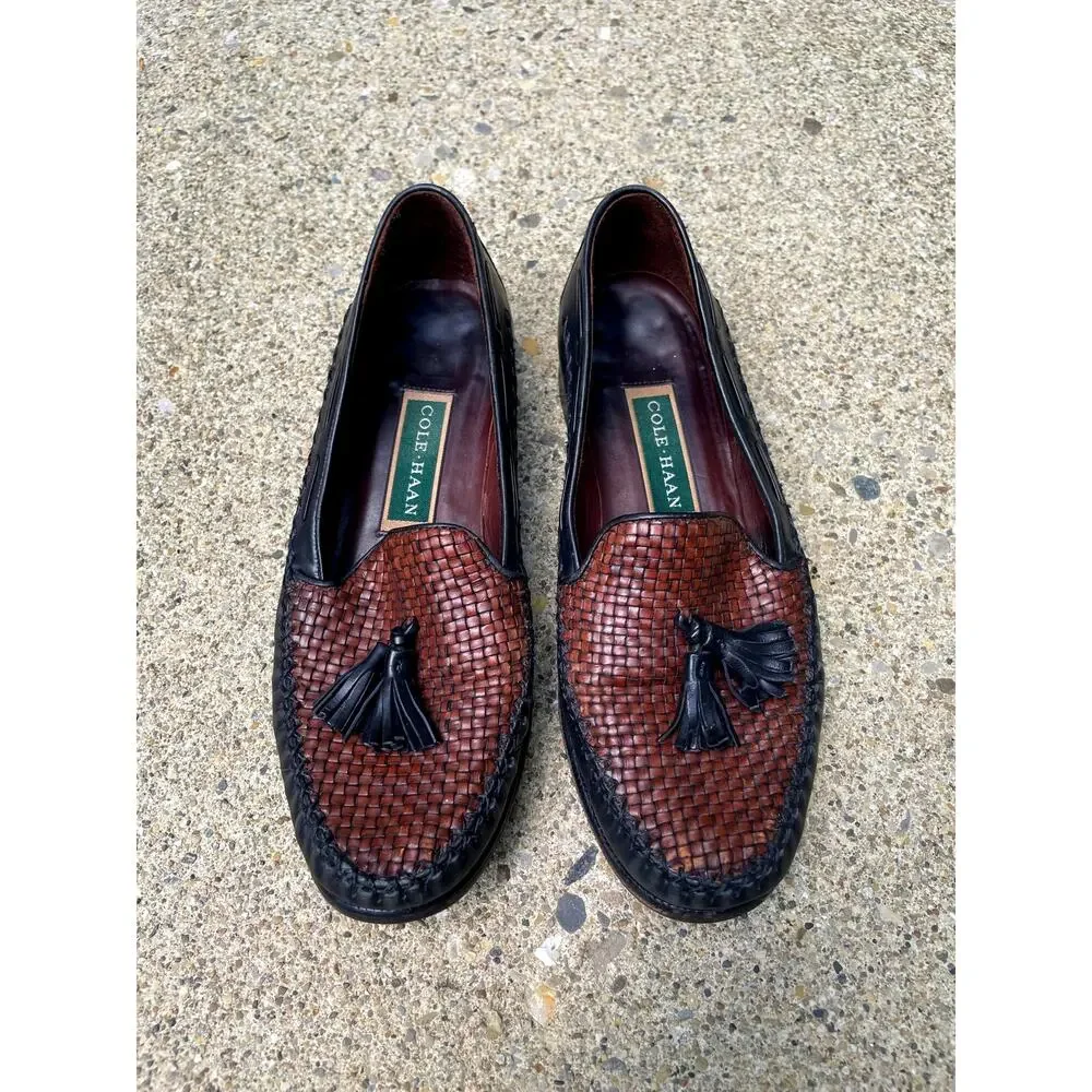 Cole Haan Women's Loafers Sz 8B Brown Woven Black Leather Tassel Round Apron Toe